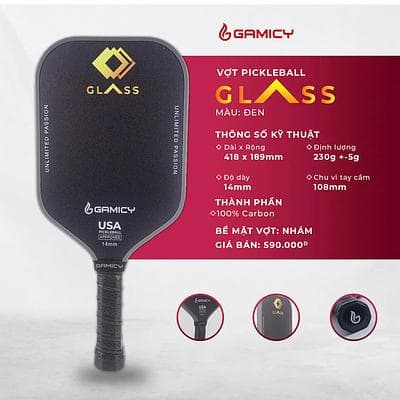 Vợt Pickleball Gamicy Glass (14mm) - ĐEN NHÁM